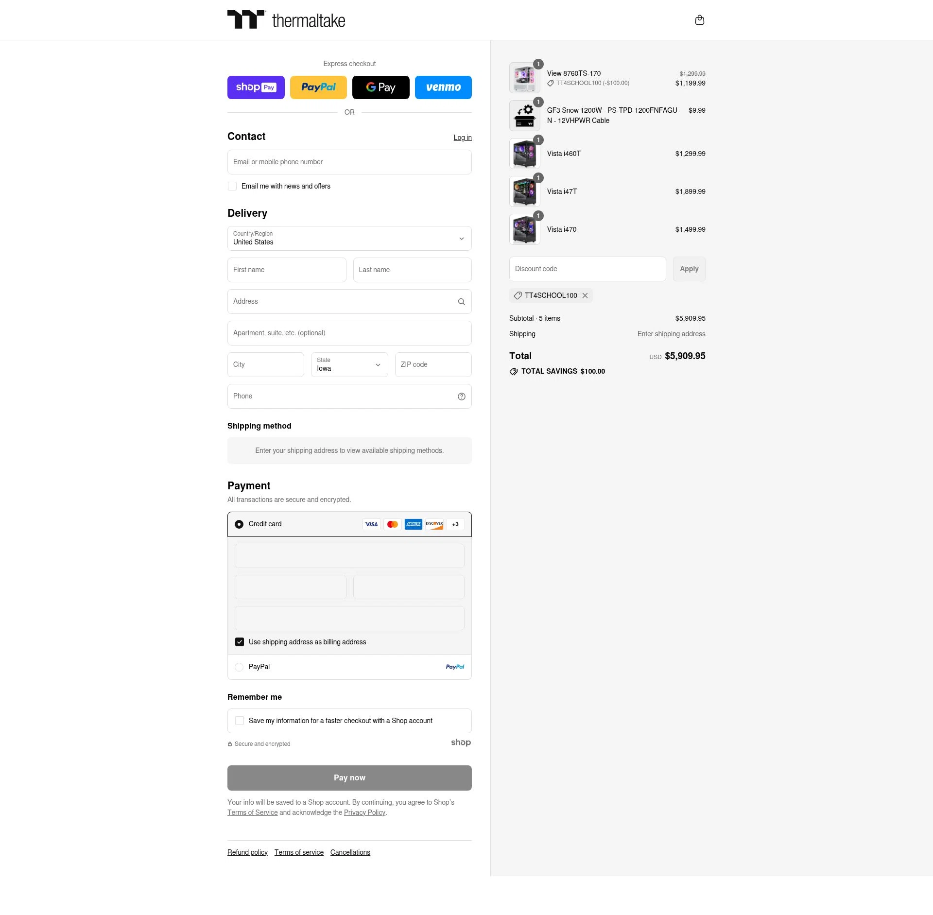 Thermaltake USA checkout page showing Thermaltake USA promo code box | Screenshot taken by SimplyCodes community member on Aug 17, 2025