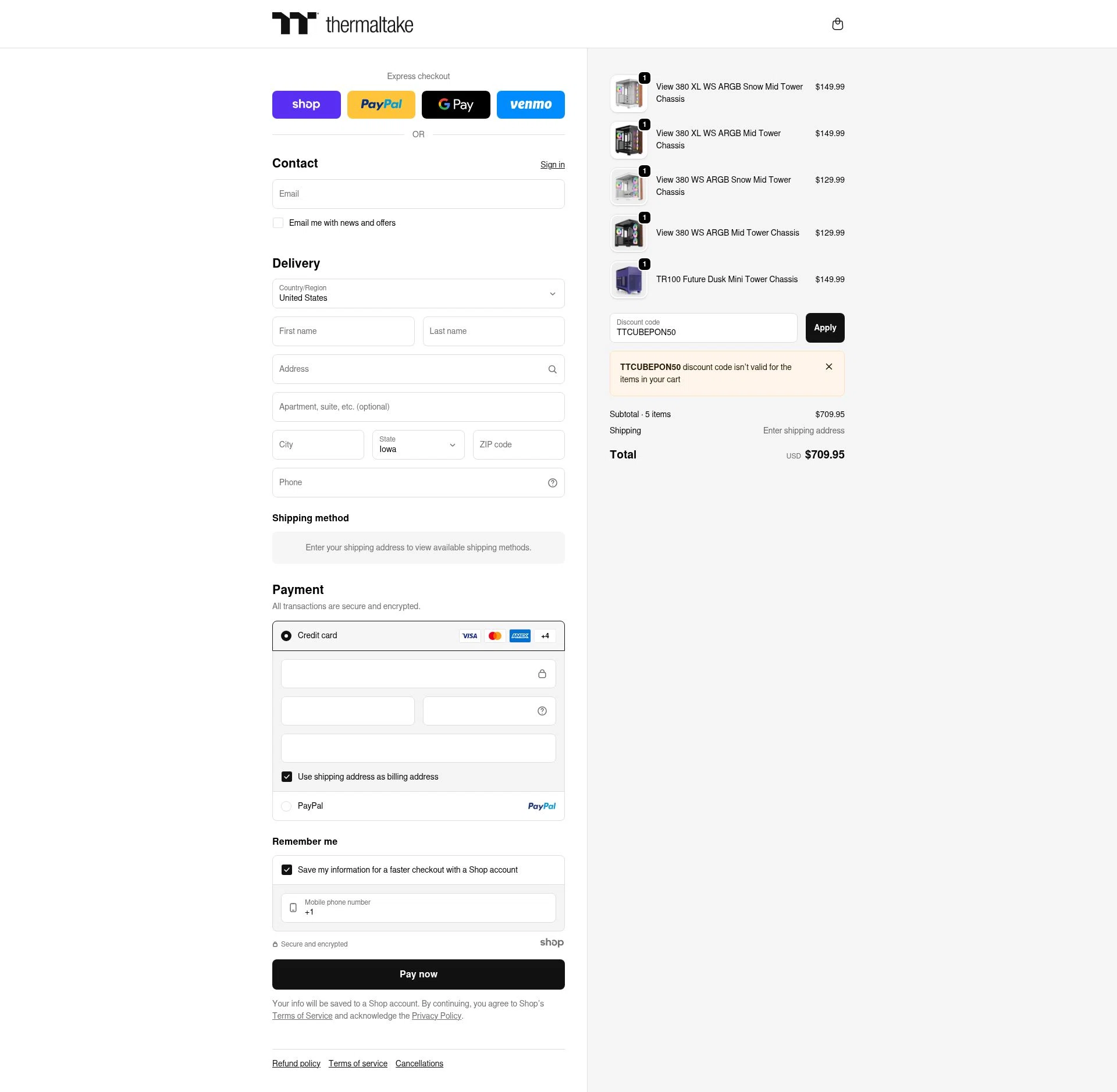 Thermaltake USA checkout page showing Thermaltake USA promo code box | Screenshot taken by SimplyCodes community member on Nov 14, 2025