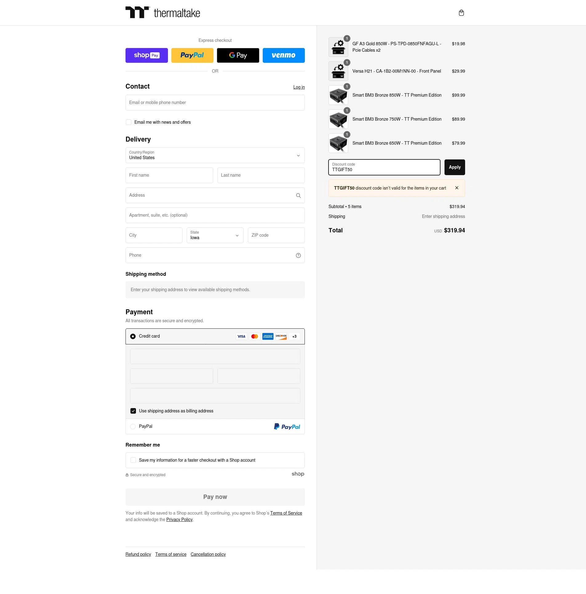 Thermaltake USA checkout page showing Thermaltake USA promo code box | Screenshot taken by SimplyCodes community member on Dec 20, 2024