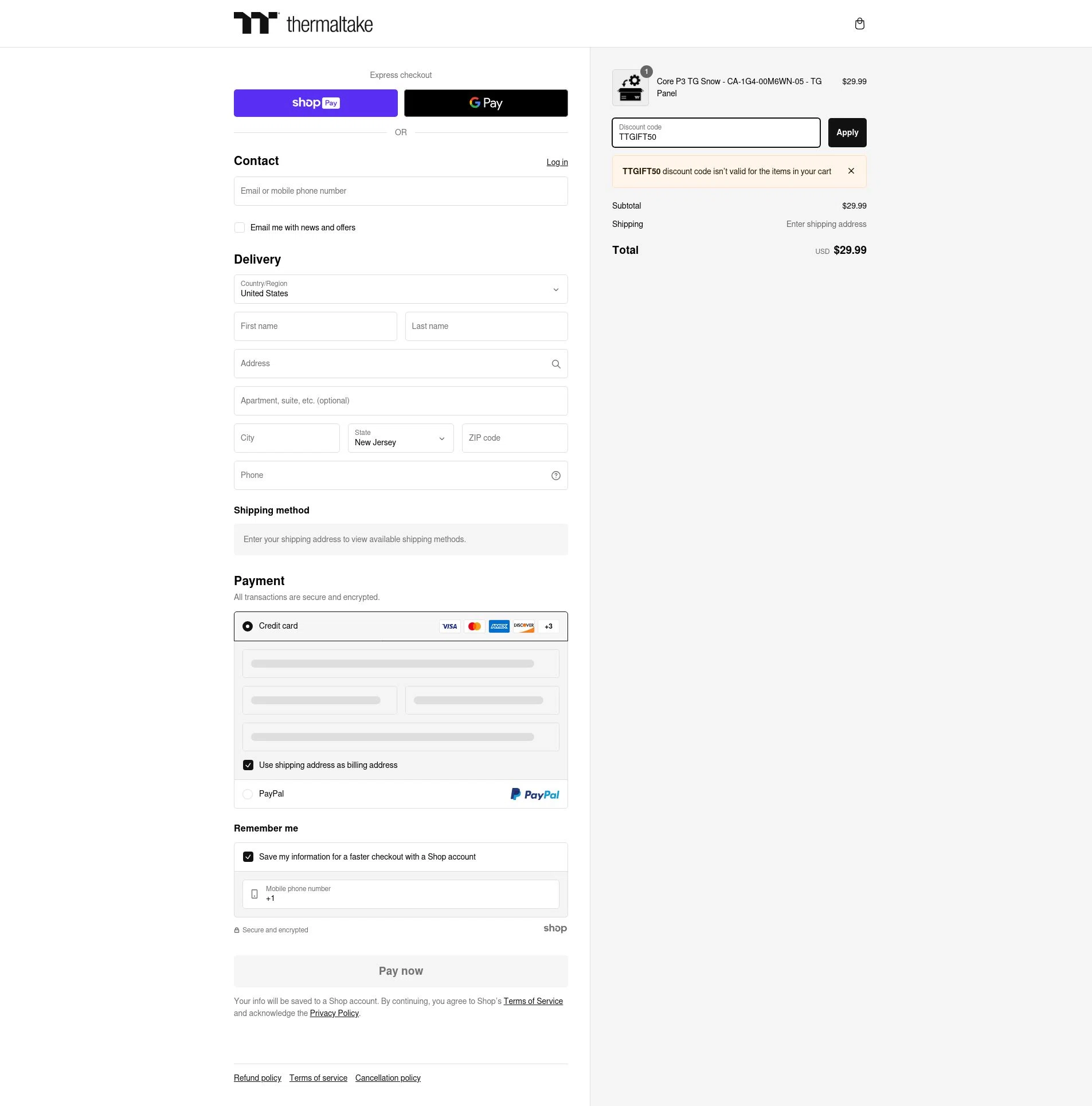 Thermaltake USA checkout page showing Thermaltake USA promo code box | Screenshot taken by SimplyCodes community member on Dec 16, 2024