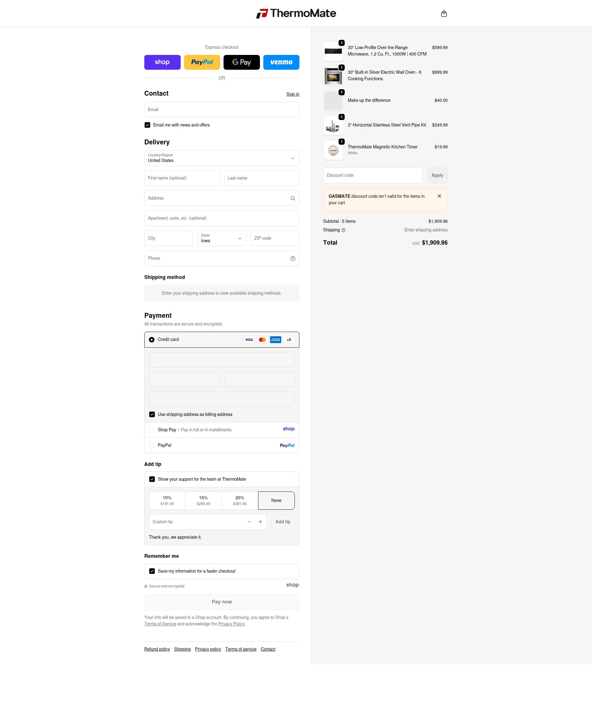 Thermomate checkout page showing Thermomate promo code box | Screenshot taken by SimplyCodes community member on Jan 7, 2026