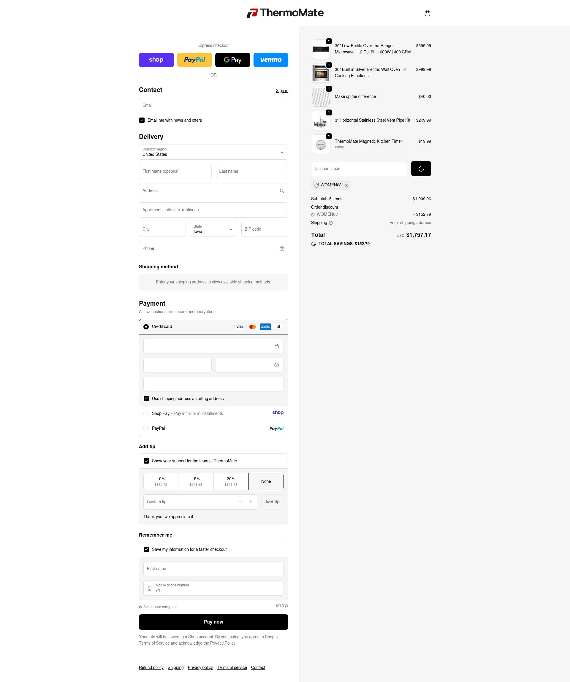 Thermomate checkout page showing Thermomate promo code box | Screenshot taken by SimplyCodes community member on Jan 7, 2026