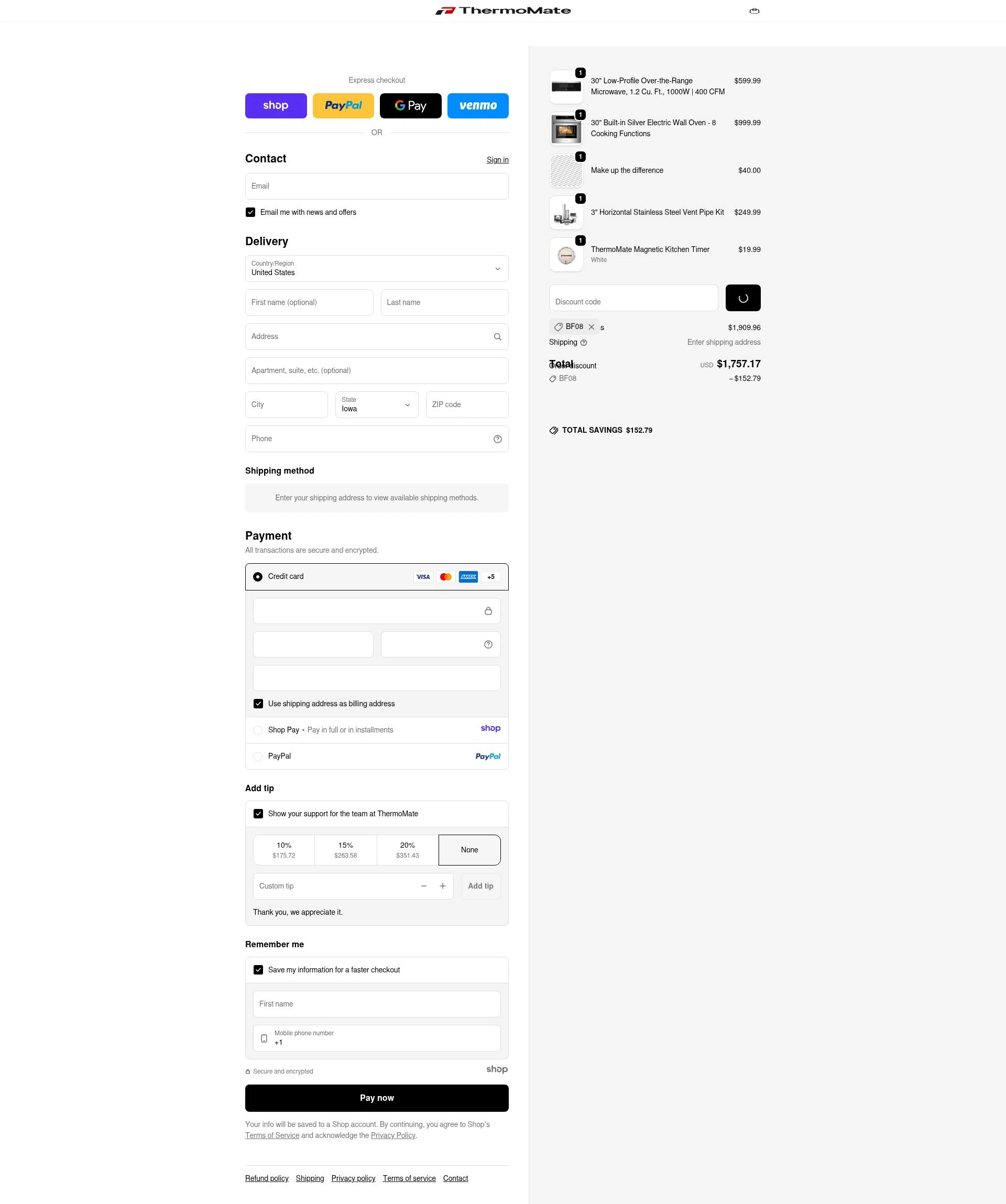 Thermomate checkout page showing Thermomate promo code box | Screenshot taken by SimplyCodes community member on Jan 7, 2026