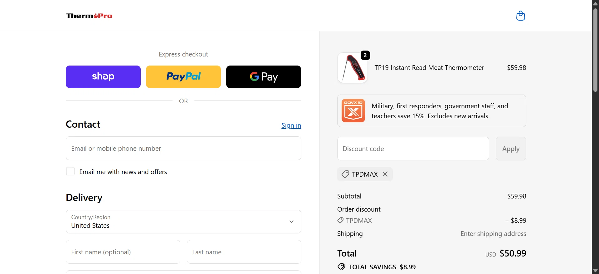 ThermoPro promo code screenshot showing code TPDMAX applied at ThermoPro checkout page. Uploaded by SimplyCodes community member SavvyLegend1053 on Feb 25, 2026