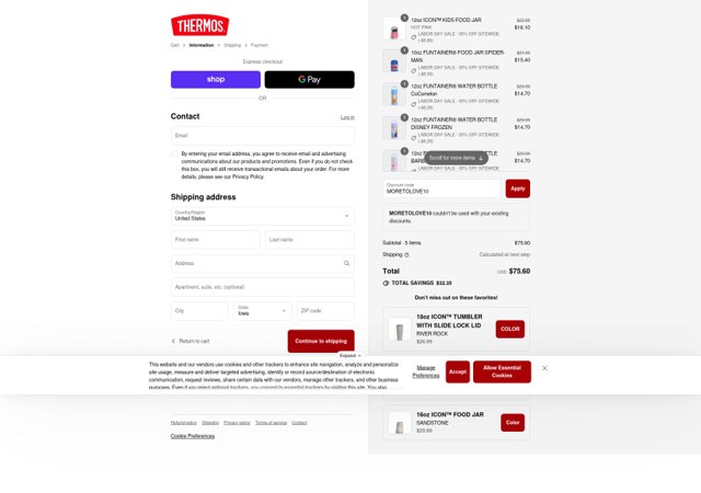 Thermos checkout page showing Thermos coupon code box | Screenshot taken by SimplyCodes community member on Sep 2, 2025