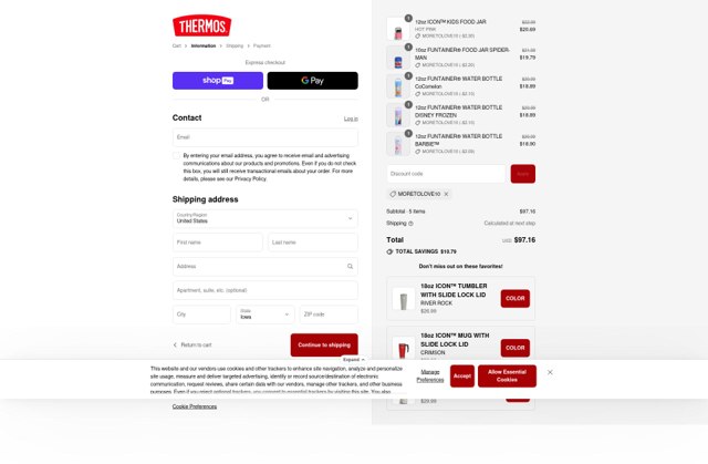 Thermos checkout page showing Thermos coupon code box | Screenshot taken by SimplyCodes community member on Aug 24, 2025