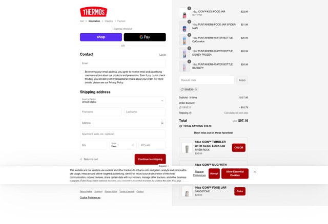 Thermos checkout page showing Thermos coupon code box | Screenshot taken by SimplyCodes community member on Aug 28, 2025