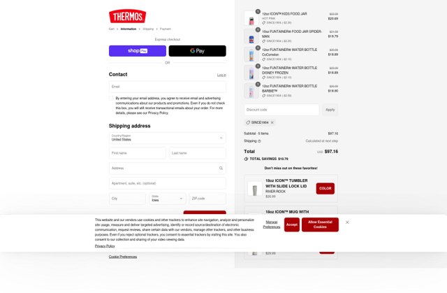 Thermos checkout page showing Thermos coupon code box | Screenshot taken by SimplyCodes community member on Aug 24, 2025