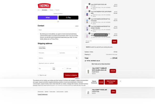 Thermos checkout page showing Thermos coupon code box | Screenshot taken by SimplyCodes community member on Sep 2, 2025