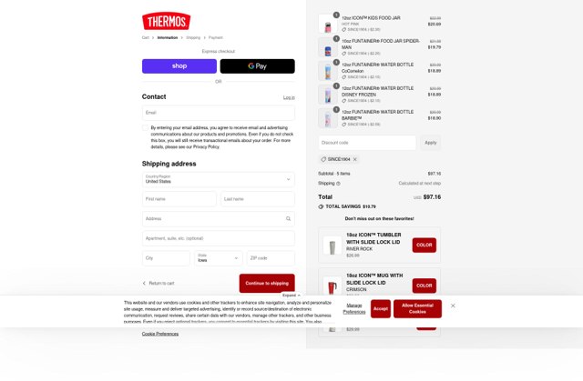 Thermos checkout page showing Thermos coupon code box | Screenshot taken by SimplyCodes community member on Aug 28, 2025