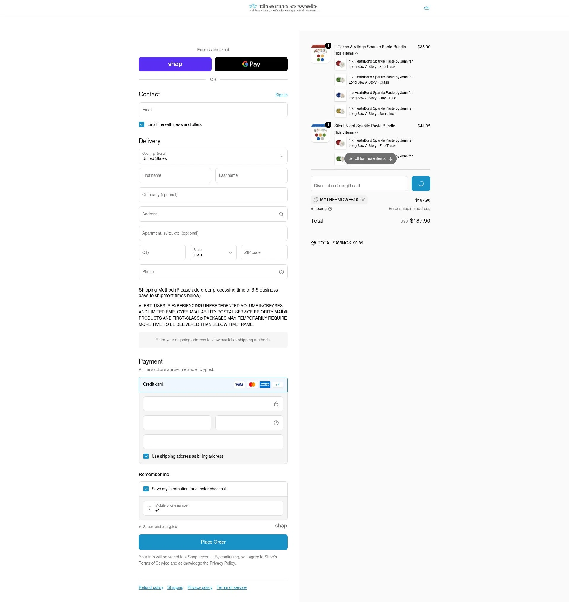 Therm O Web checkout page showing Therm O Web promo code box | Screenshot taken by SimplyCodes community member on Dec 29, 2025