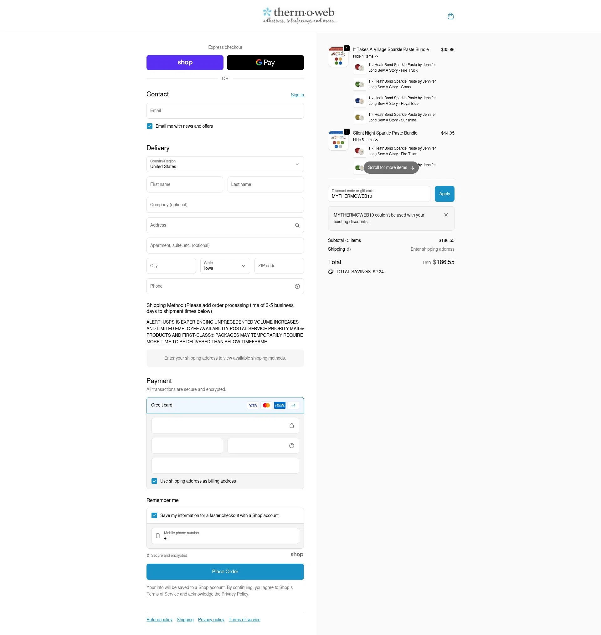 Therm O Web checkout page showing Therm O Web promo code box | Screenshot taken by SimplyCodes community member on Nov 30, 2025