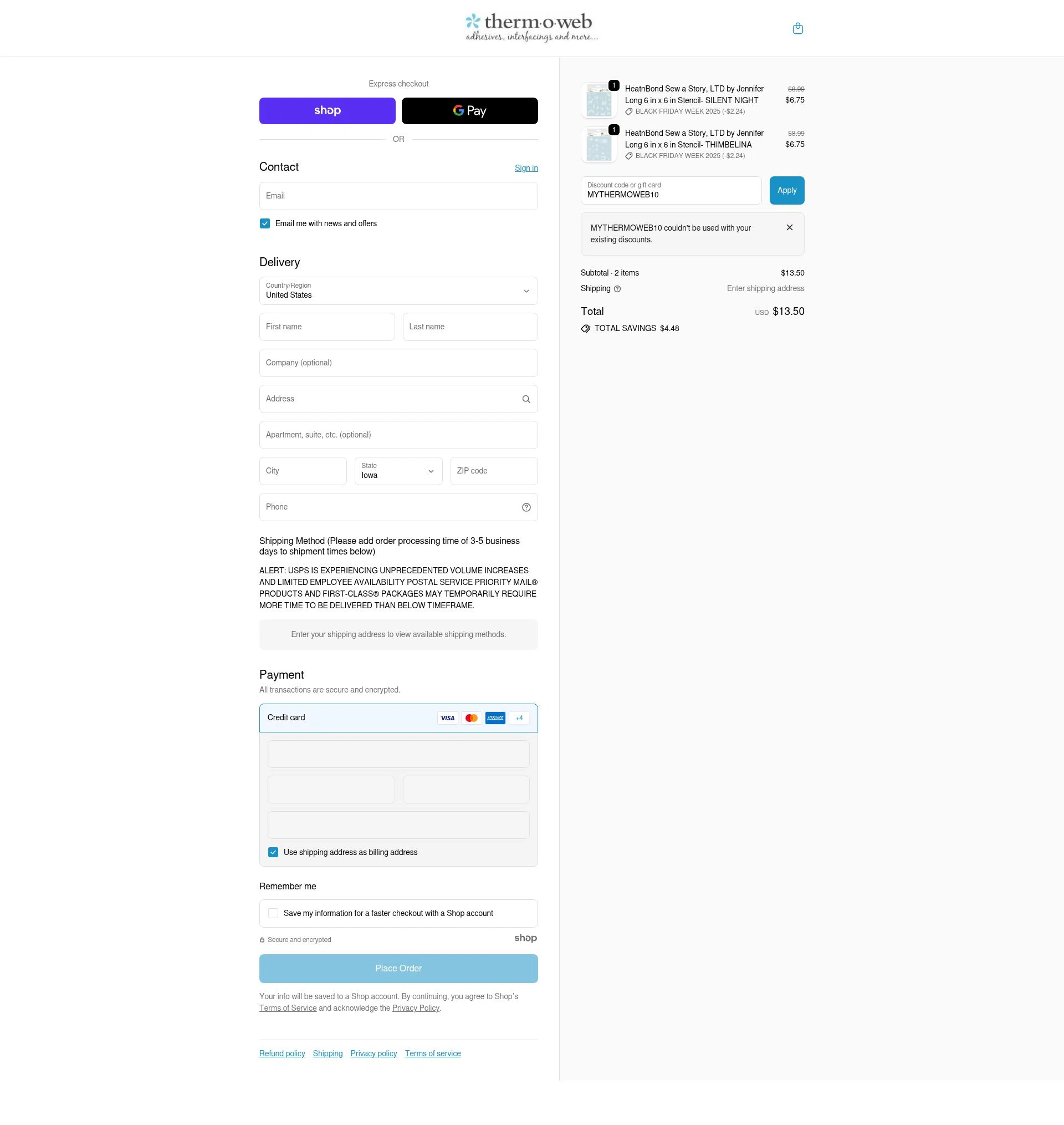 Therm O Web checkout page showing Therm O Web promo code box | Screenshot taken by SimplyCodes community member on Nov 25, 2025