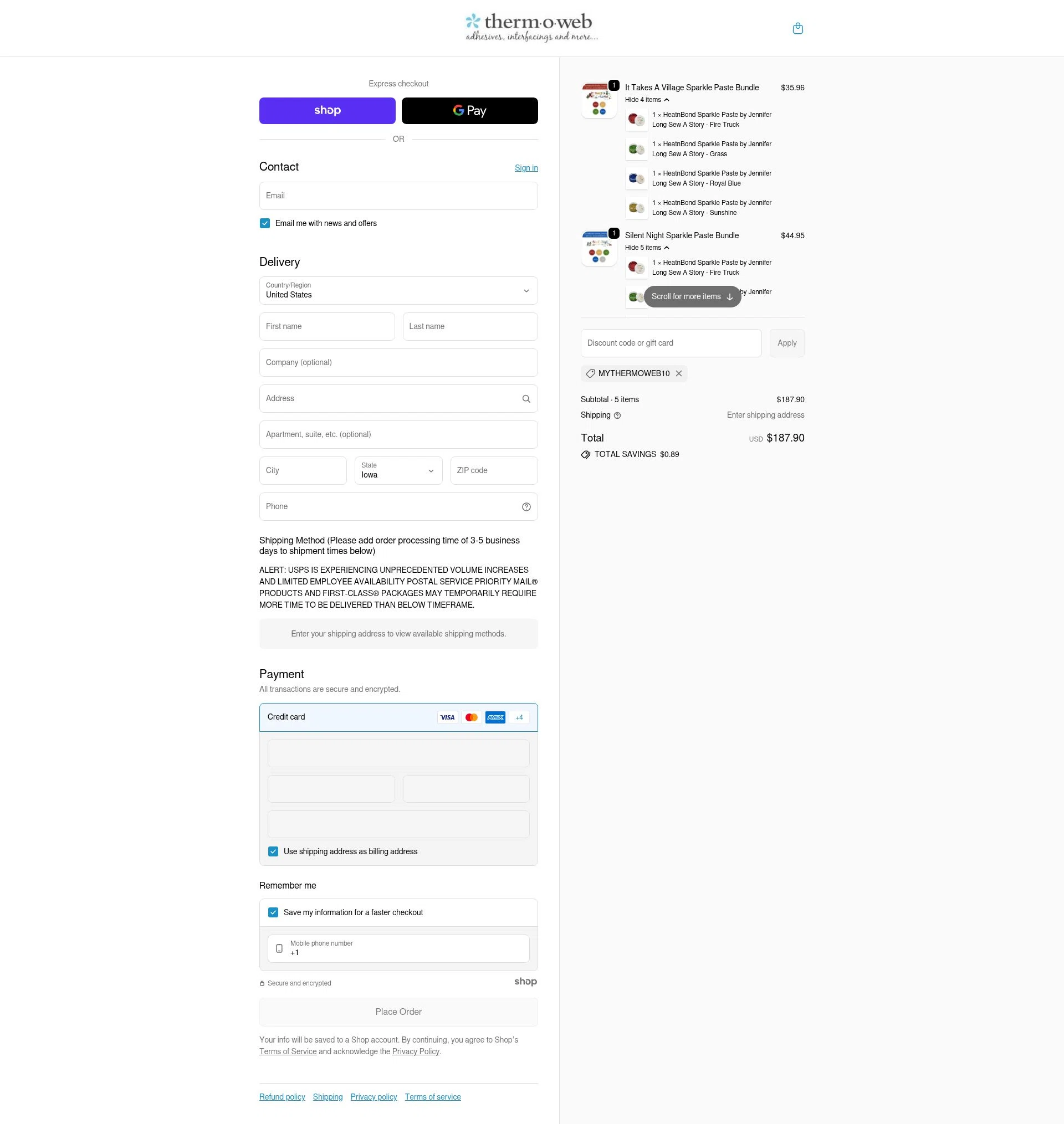 Therm O Web checkout page showing Therm O Web promo code box | Screenshot taken by SimplyCodes community member on Dec 11, 2025