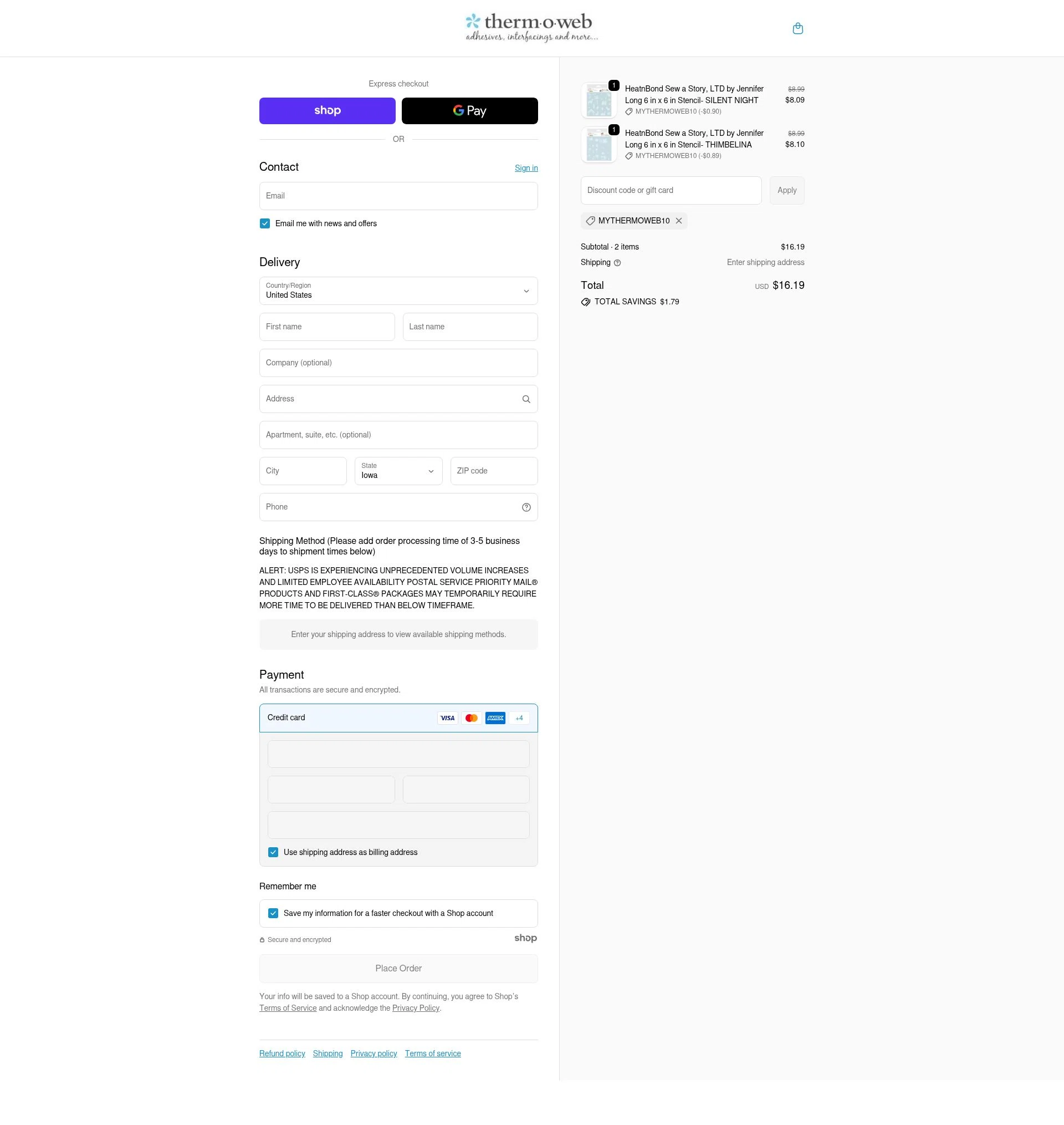 Therm O Web checkout page showing Therm O Web promo code box | Screenshot taken by SimplyCodes community member on Nov 20, 2025