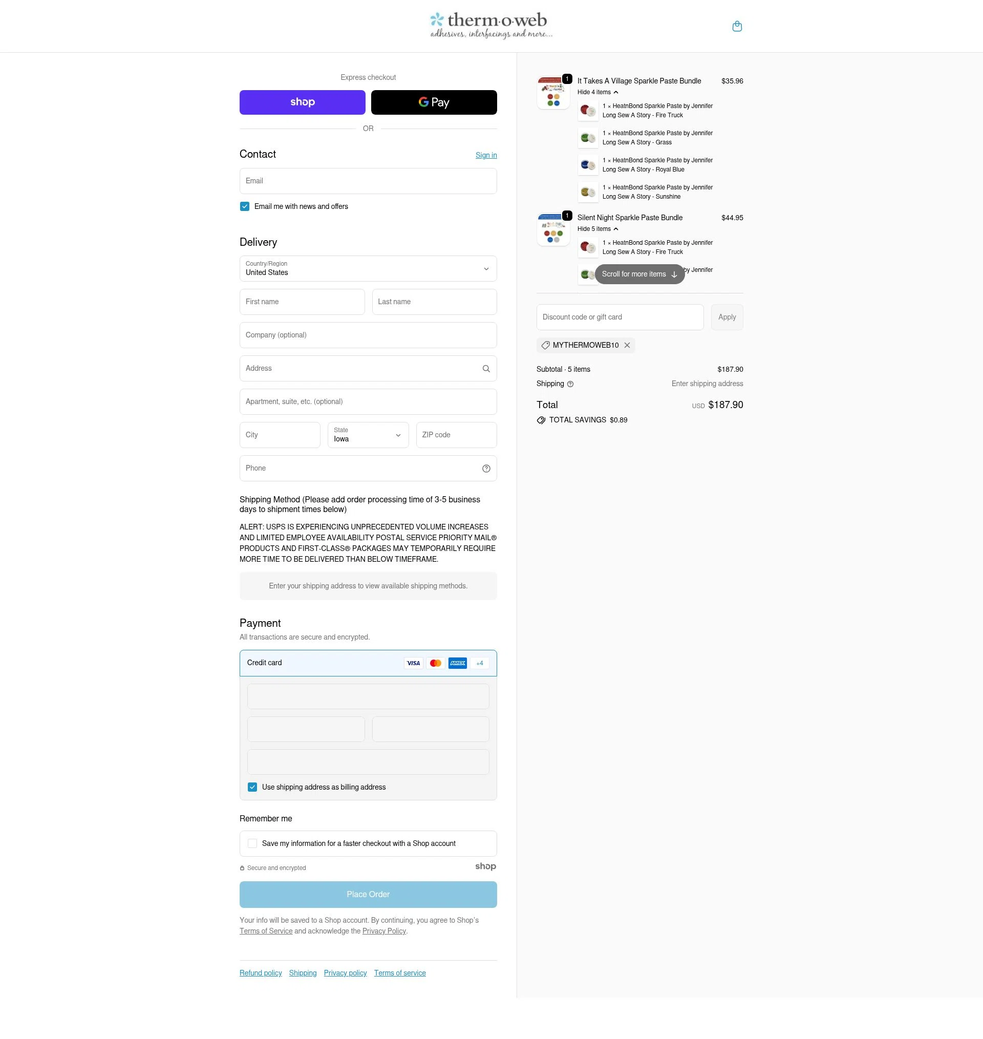 Therm O Web checkout page showing Therm O Web promo code box | Screenshot taken by SimplyCodes community member on Dec 6, 2025