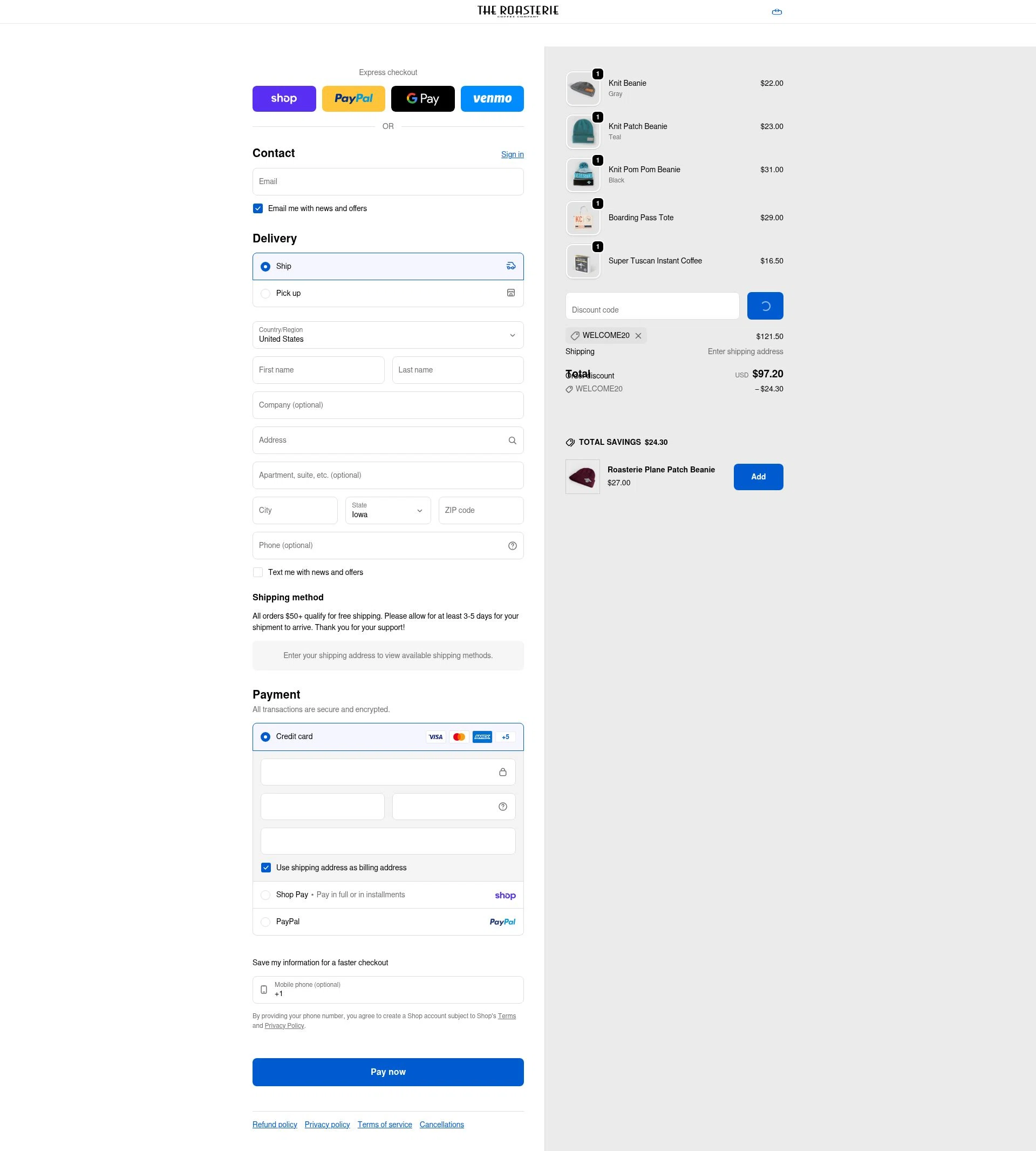 The Roasterie checkout page showing The Roasterie coupon code box | Screenshot taken by SimplyCodes community member on Feb 5, 2026