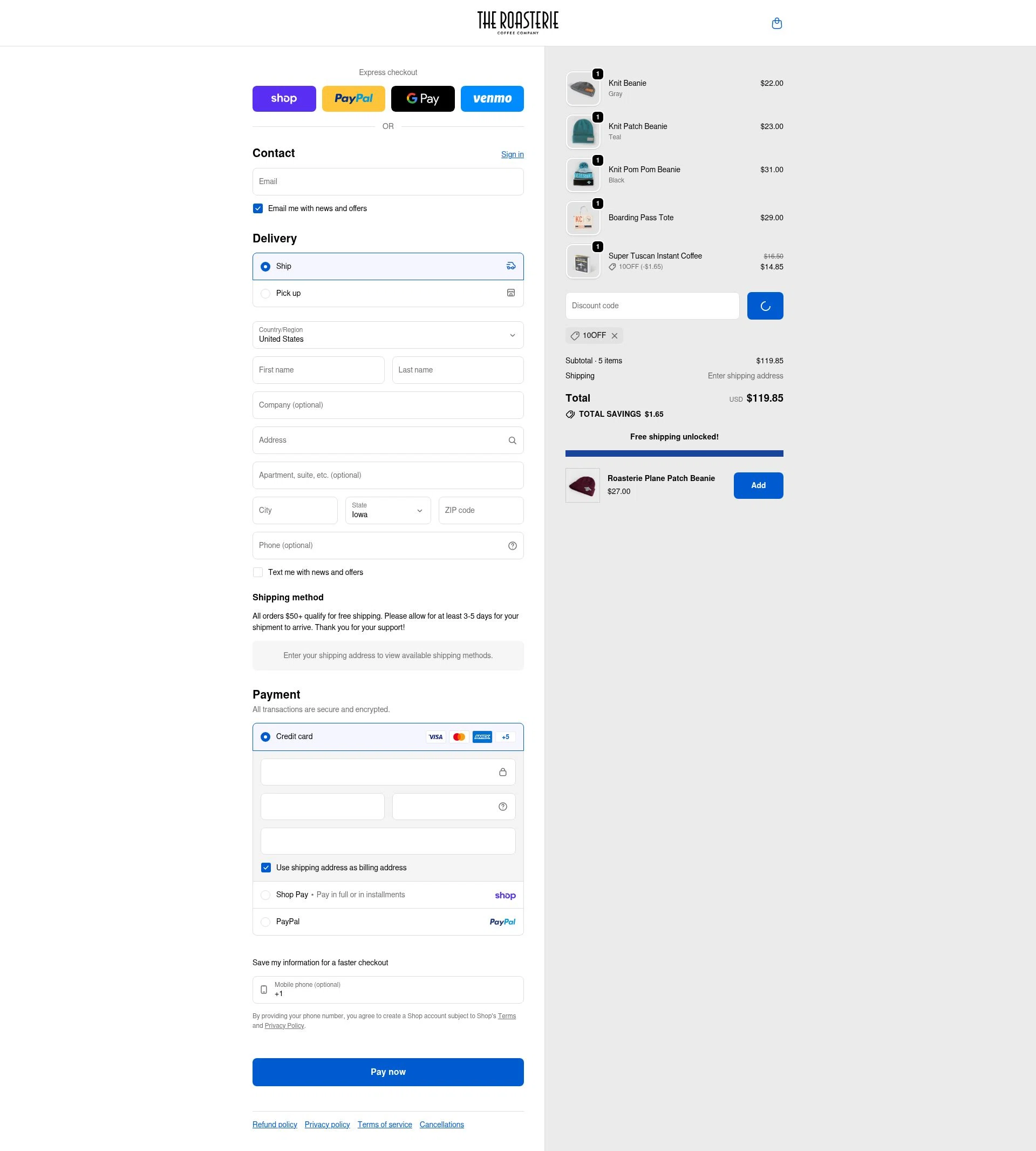 The Roasterie checkout page showing The Roasterie coupon code box | Screenshot taken by SimplyCodes community member on Feb 5, 2026