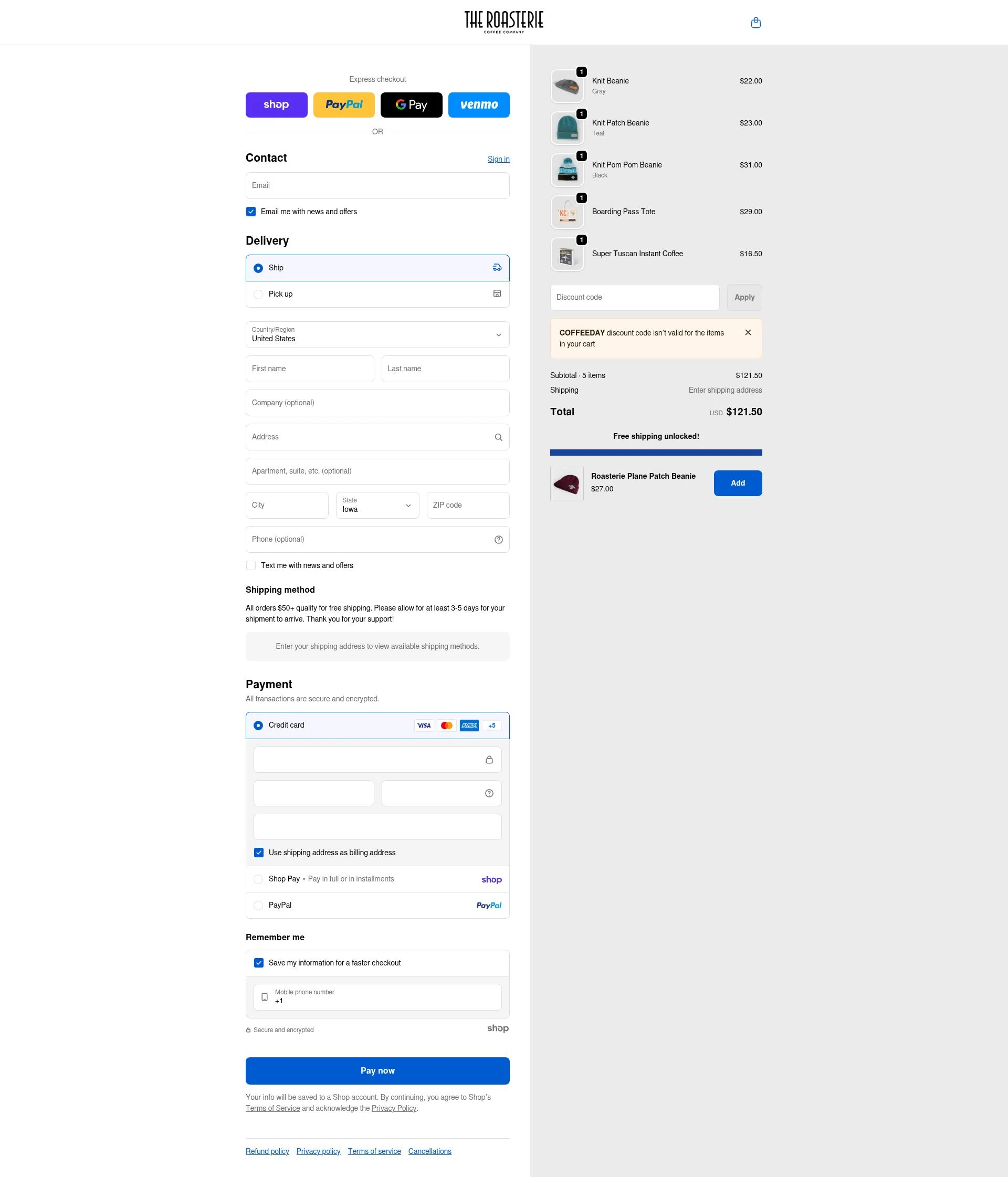 The Roasterie checkout page showing The Roasterie coupon code box | Screenshot taken by SimplyCodes community member on Jan 27, 2026