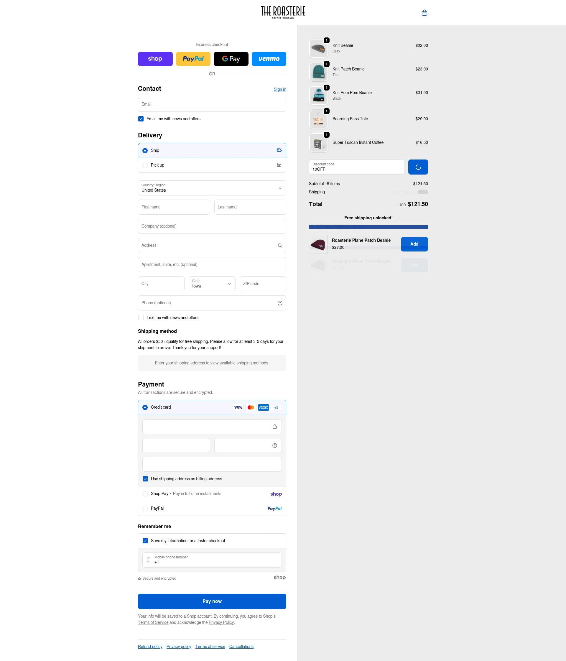 The Roasterie checkout page showing The Roasterie coupon code box | Screenshot taken by SimplyCodes community member on Jan 27, 2026