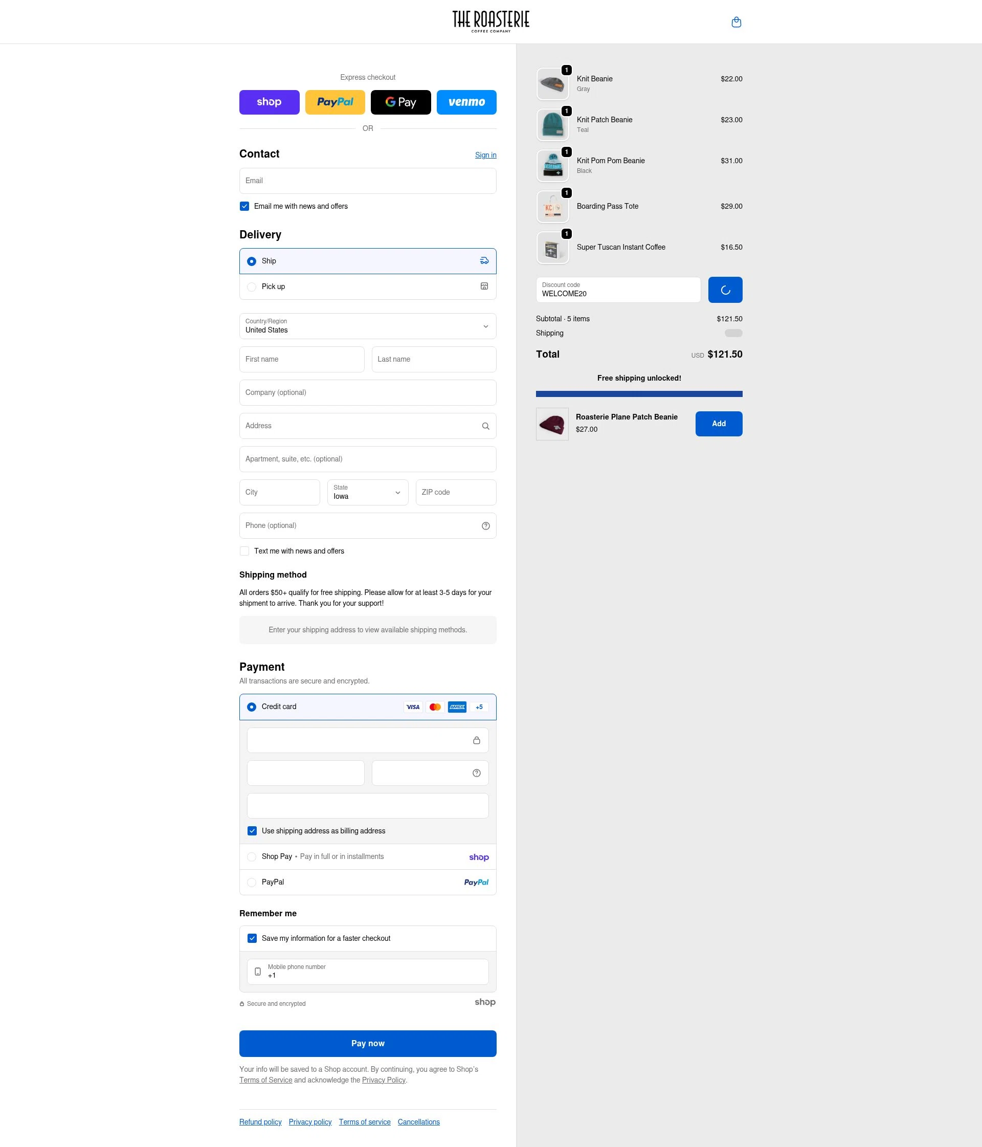 The Roasterie checkout page showing The Roasterie coupon code box | Screenshot taken by SimplyCodes community member on Jan 23, 2026