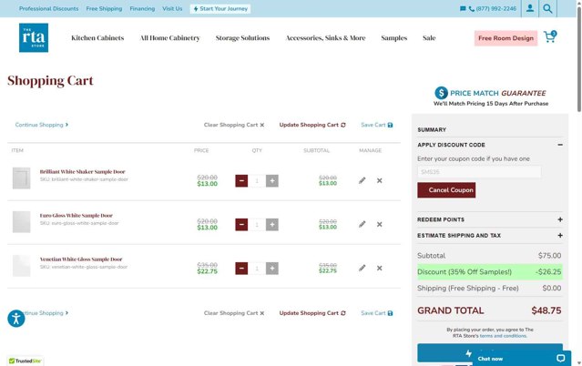 The RTA Store checkout page showing The RTA Store discount code box | Screenshot taken by SimplyCodes community member on Aug 26, 2025