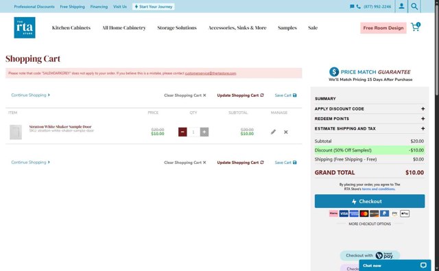 The RTA Store checkout page showing The RTA Store discount code box | Screenshot taken by SimplyCodes community member on Jul 28, 2025