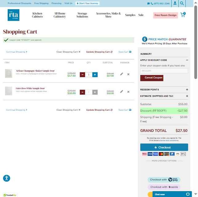 The RTA Store checkout page showing The RTA Store discount code box | Screenshot taken by SimplyCodes community member on Aug 11, 2025