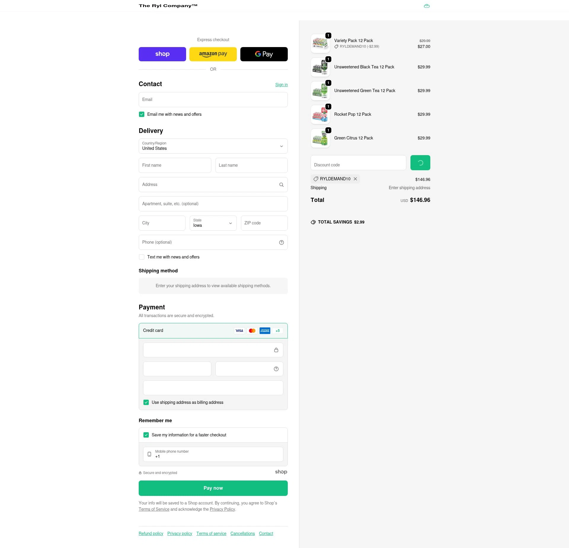 The Ryl Company checkout page showing The Ryl Company promo code box | Screenshot taken by SimplyCodes community member on Jan 8, 2026