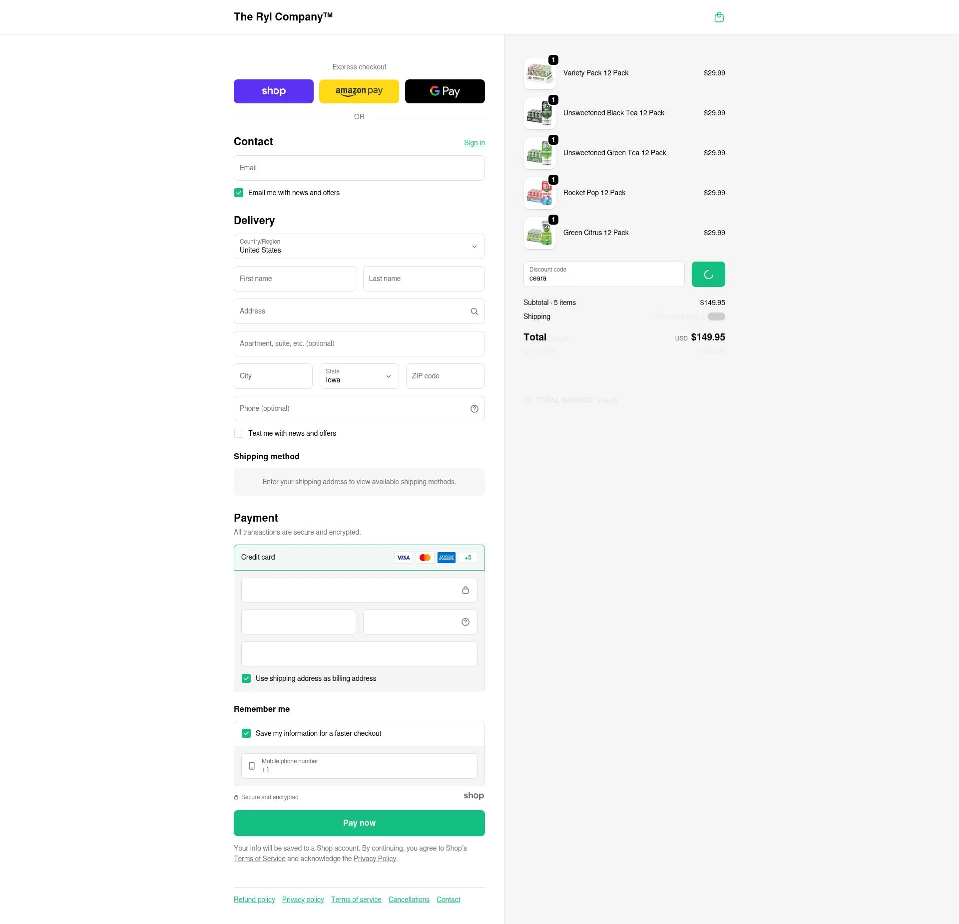 The Ryl Company checkout page showing The Ryl Company promo code box | Screenshot taken by SimplyCodes community member on Jan 3, 2026