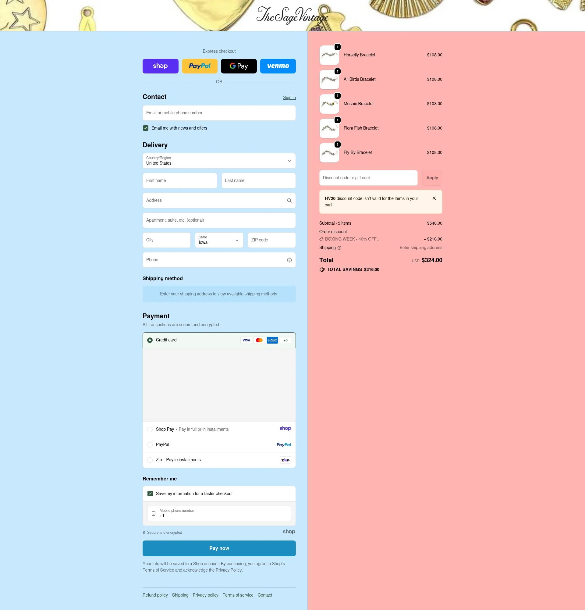 The Sage Vintage checkout page showing The Sage Vintage discount code box | Screenshot taken by SimplyCodes community member on Dec 28, 2025