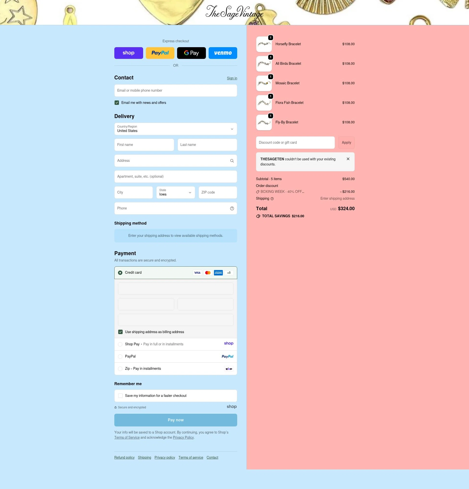 The Sage Vintage checkout page showing The Sage Vintage discount code box | Screenshot taken by SimplyCodes community member on Dec 28, 2025