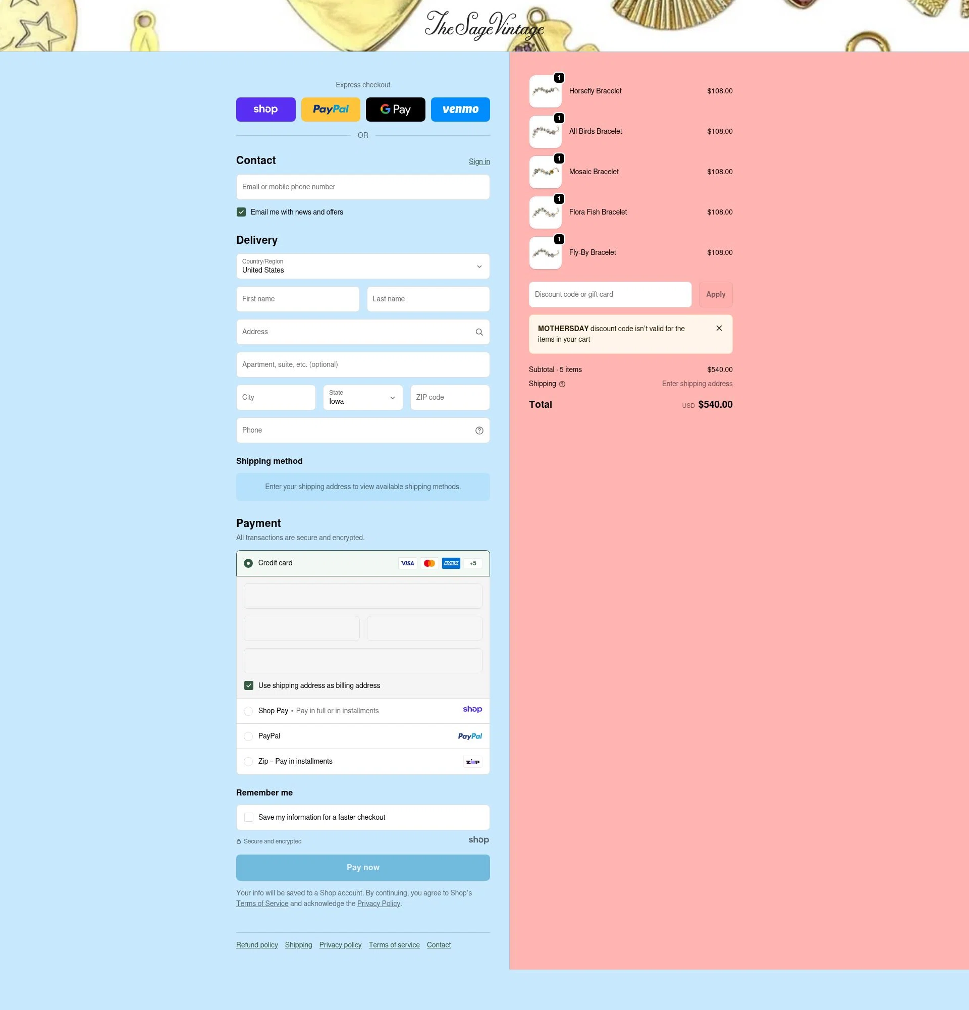 The Sage Vintage checkout page showing The Sage Vintage discount code box | Screenshot taken by SimplyCodes community member on Dec 23, 2025