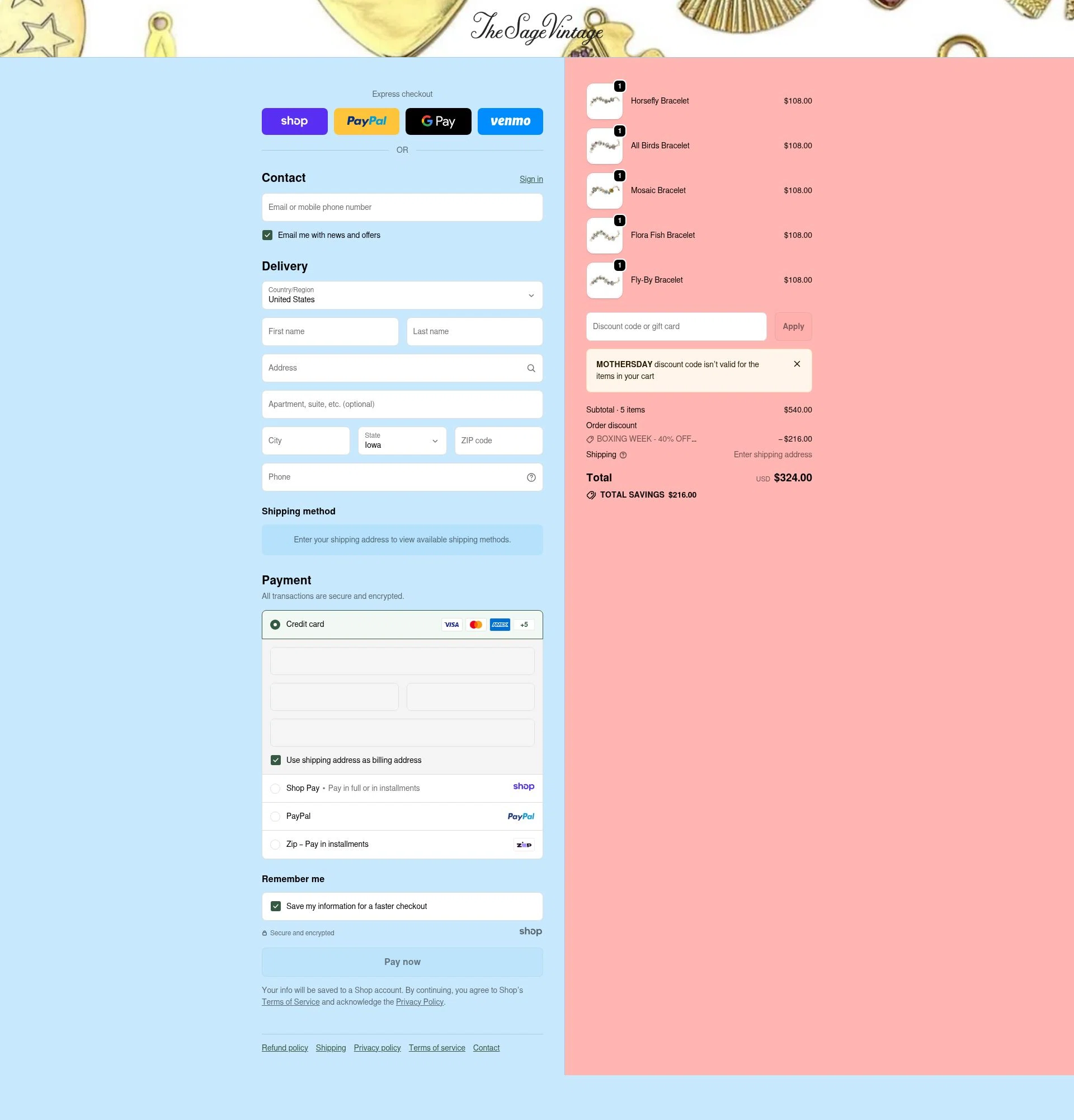 The Sage Vintage checkout page showing The Sage Vintage discount code box | Screenshot taken by SimplyCodes community member on Dec 28, 2025