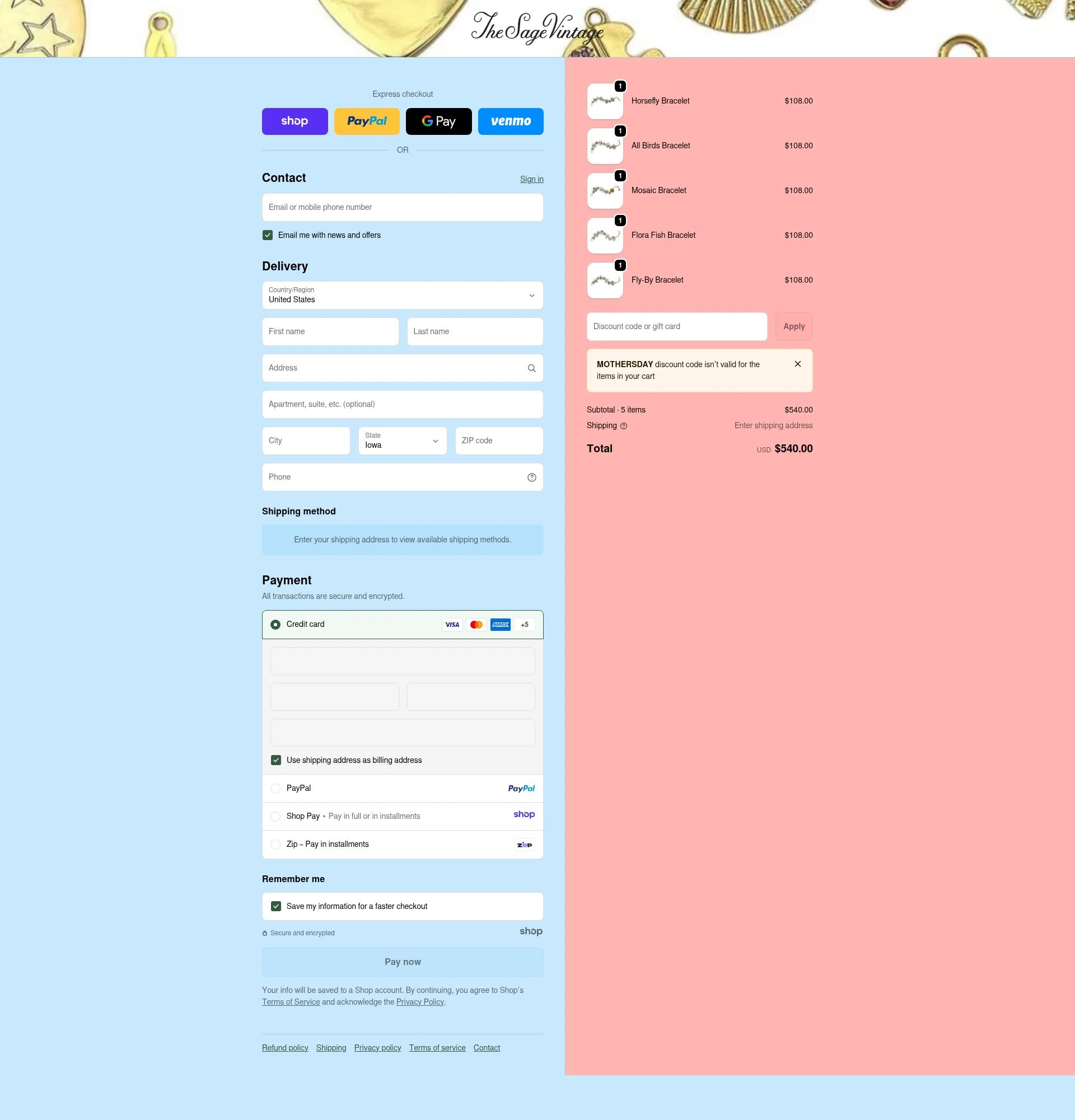 The Sage Vintage checkout page showing The Sage Vintage discount code box | Screenshot taken by SimplyCodes community member on Dec 17, 2025