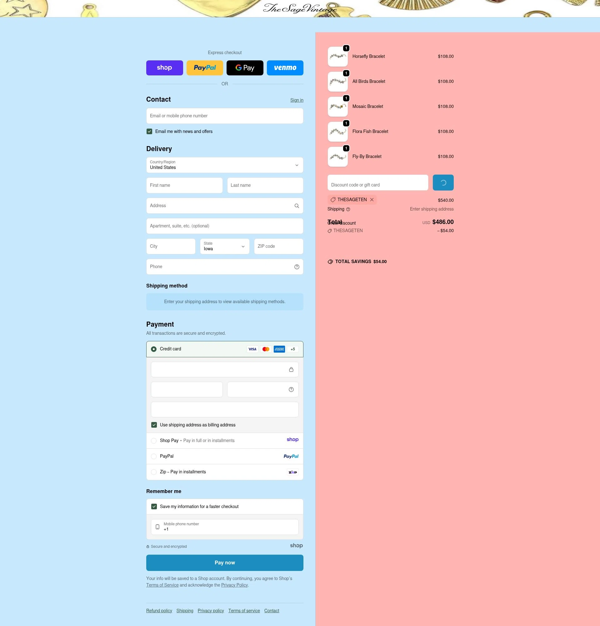 The Sage Vintage checkout page showing The Sage Vintage discount code box | Screenshot taken by SimplyCodes community member on Dec 23, 2025