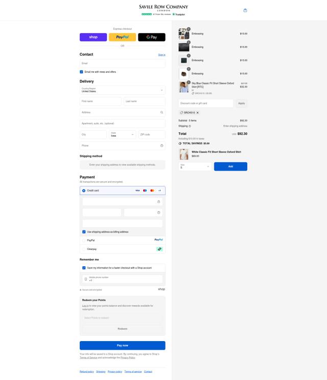 Savile Row Company checkout page showing Savile Row Company discount code box | Screenshot taken by SimplyCodes community member on Sep 10, 2025