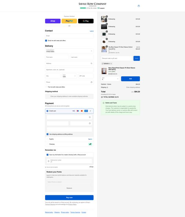 Savile Row Company checkout page showing Savile Row Company discount code box | Screenshot taken by SimplyCodes community member on Sep 2, 2025