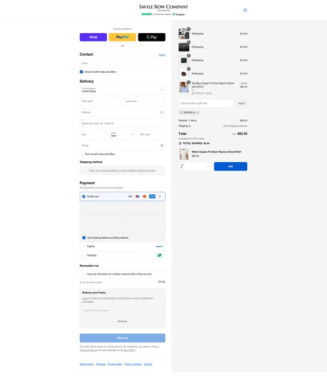 Savile Row Company checkout page showing Savile Row Company discount code box | Screenshot taken by SimplyCodes community member on Sep 7, 2025