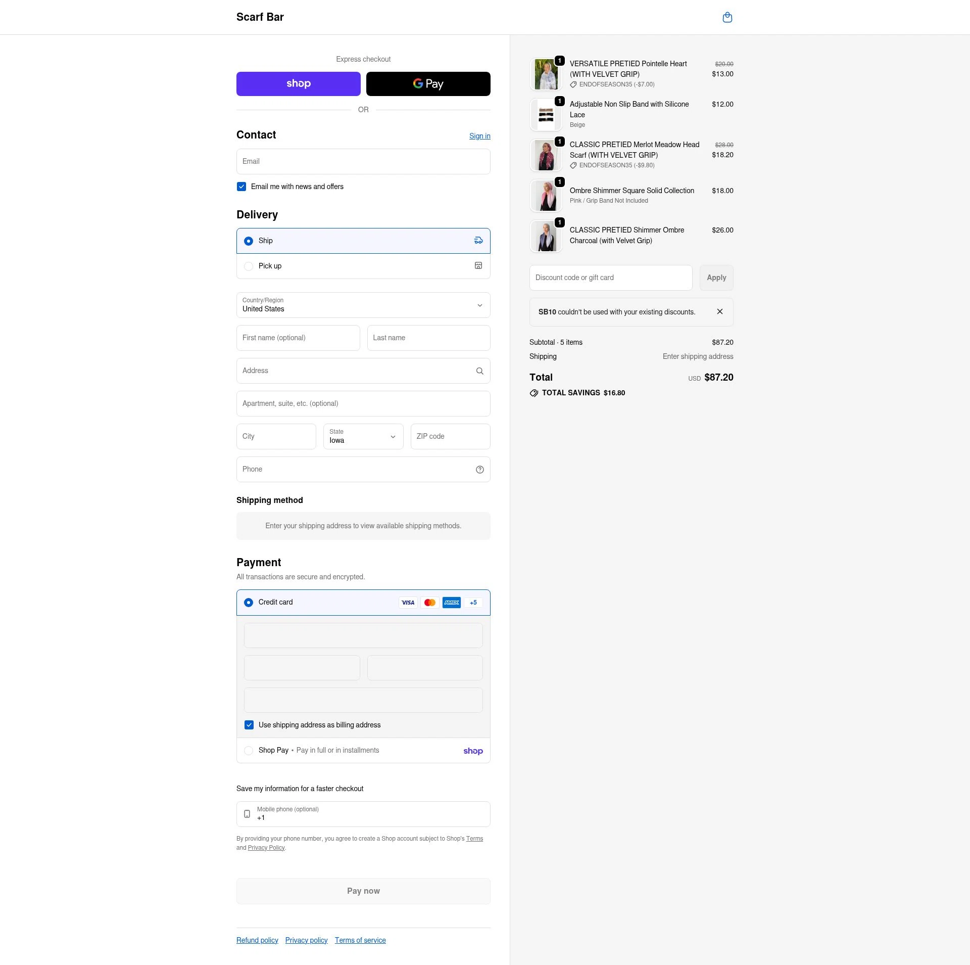 The Scarf Bar checkout page showing The Scarf Bar promo code box | Screenshot taken by SimplyCodes community member on Feb 22, 2026
