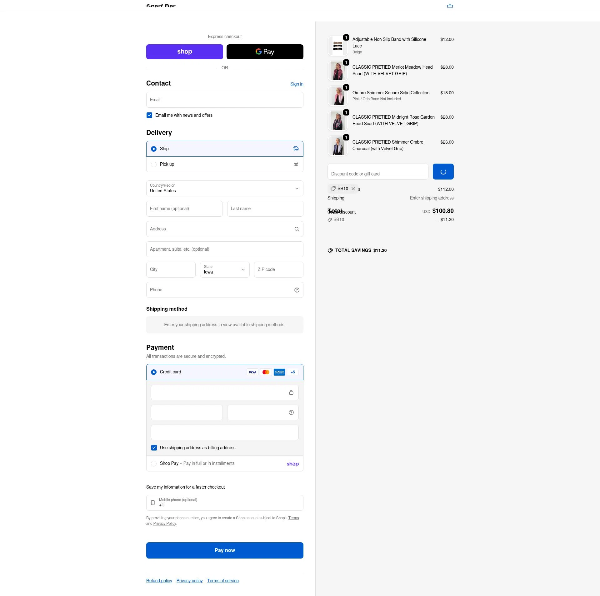 The Scarf Bar checkout page showing The Scarf Bar promo code box | Screenshot taken by SimplyCodes community member on Jan 31, 2026
