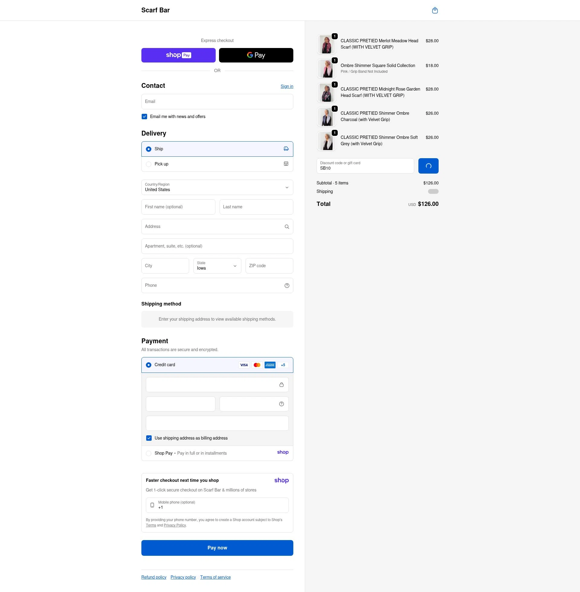 The Scarf Bar checkout page showing The Scarf Bar promo code box | Screenshot taken by SimplyCodes community member on Jan 12, 2026