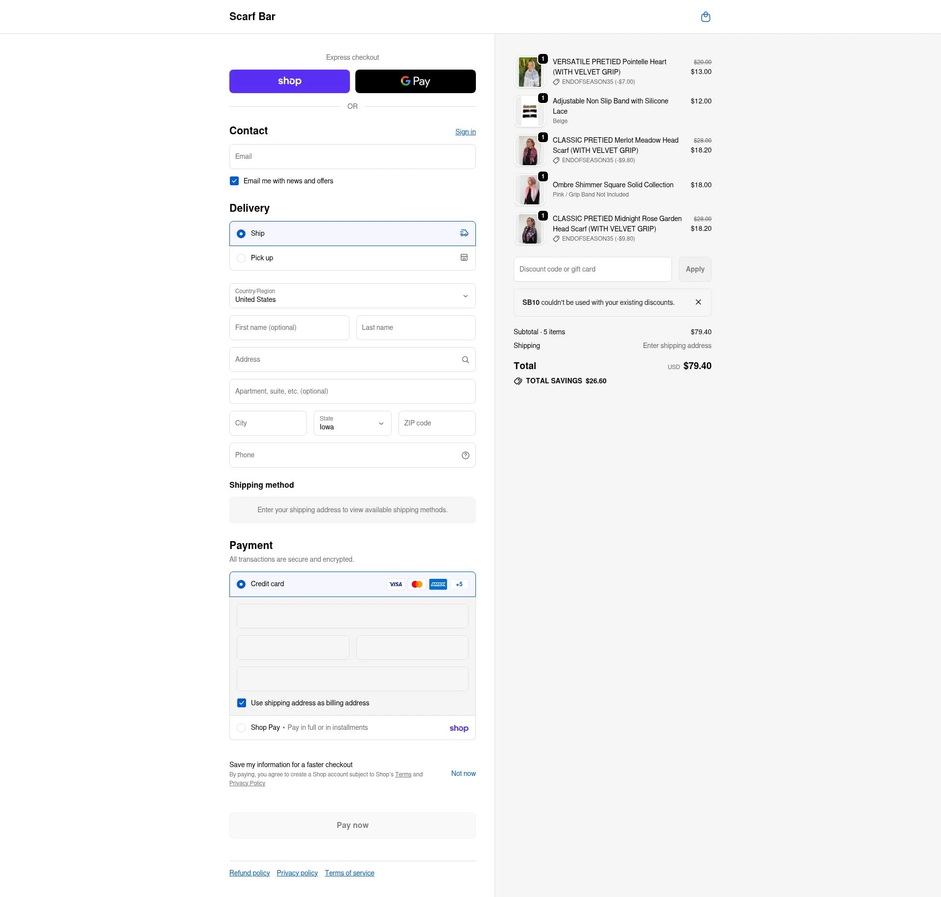 The Scarf Bar checkout page showing The Scarf Bar promo code box | Screenshot taken by SimplyCodes community member on Feb 17, 2026