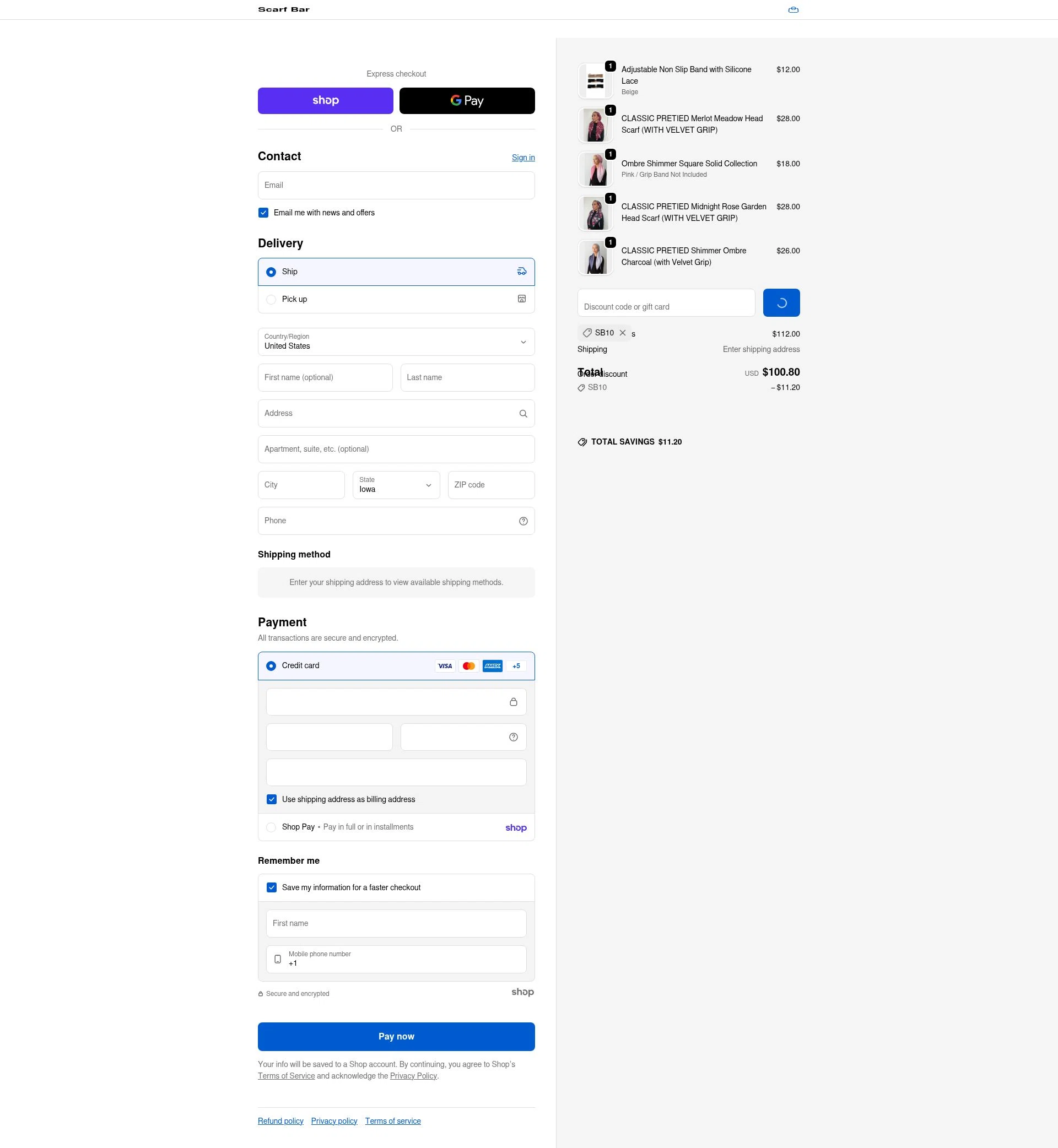 The Scarf Bar checkout page showing The Scarf Bar promo code box | Screenshot taken by SimplyCodes community member on Jan 22, 2026