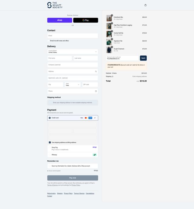 The Sculpt Society checkout page showing The Sculpt Society promo code box | Screenshot taken by SimplyCodes community member on Sep 12, 2025