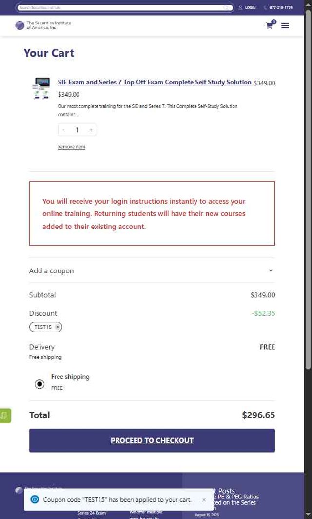 The Securities Institute of America checkout page showing The Securities Institute of America promo code box | Screenshot taken by SimplyCodes community member on Sep 2, 2025