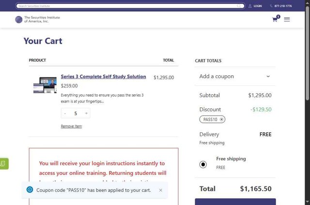 The Securities Institute of America checkout page showing The Securities Institute of America promo code box | Screenshot taken by SimplyCodes community member on Aug 27, 2025
