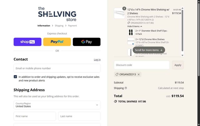 The Shelving Store checkout page showing The Shelving Store coupon code box | Screenshot taken by SimplyCodes community member on Jul 24, 2025