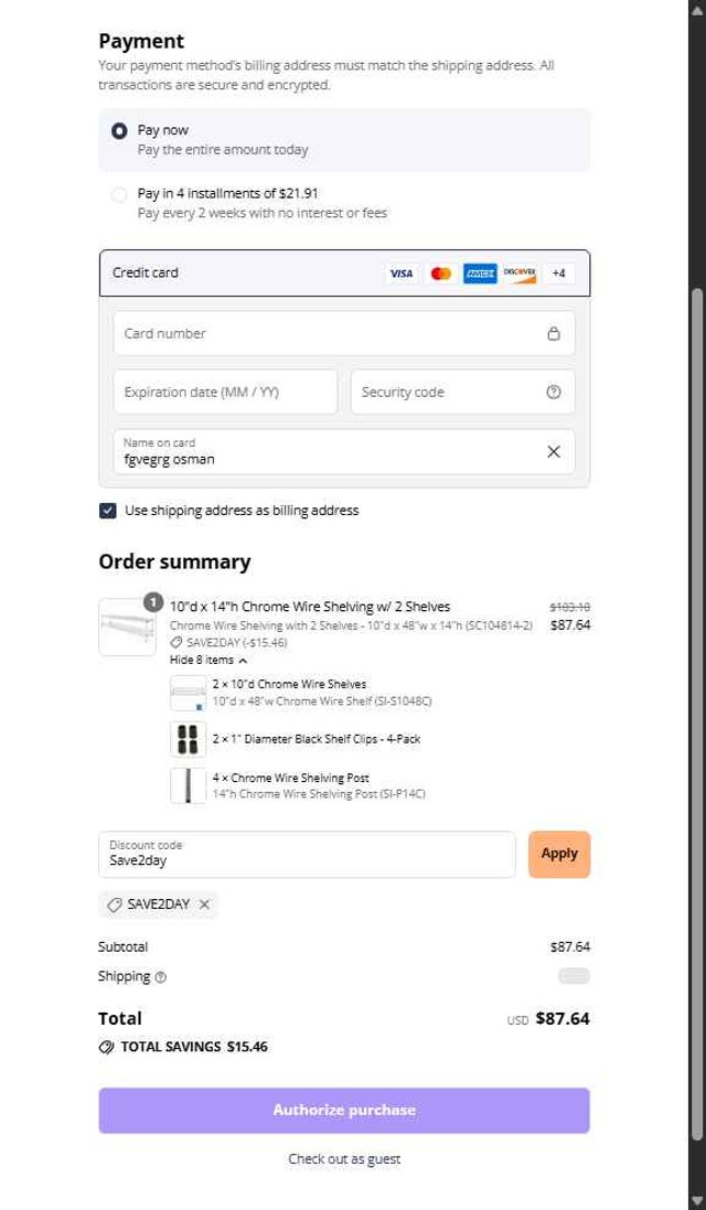 The Shelving Store checkout page showing The Shelving Store coupon code box | Screenshot taken by SimplyCodes community member on Aug 27, 2025