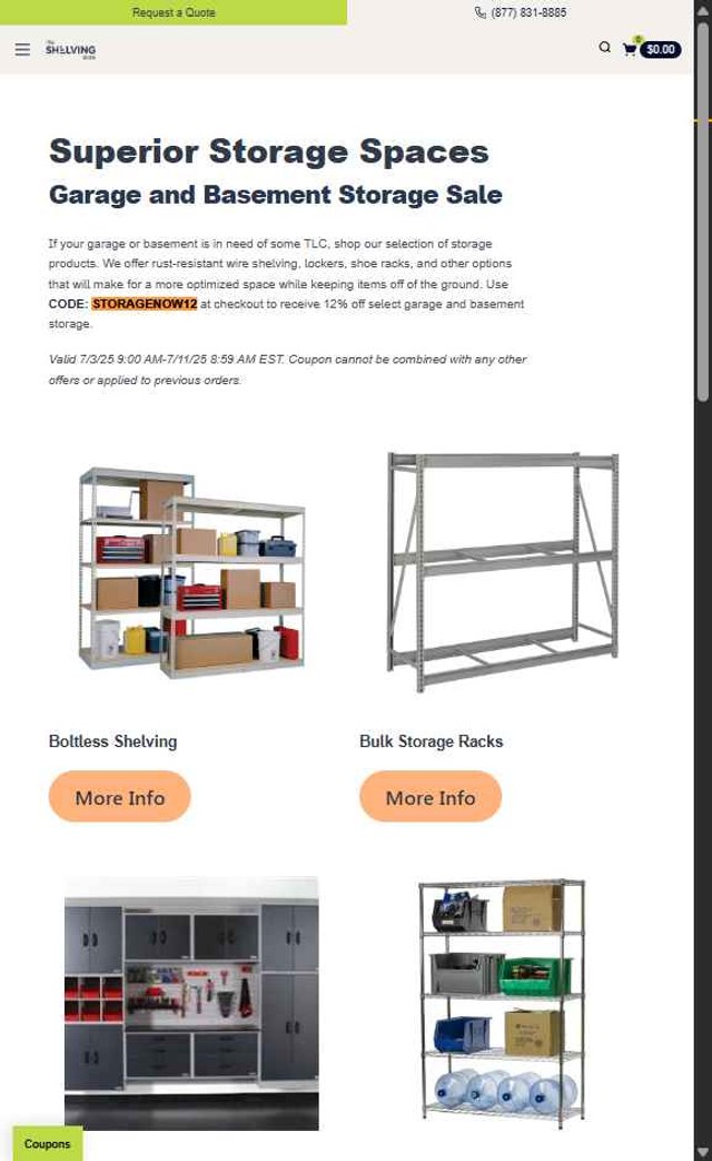 The Shelving Store checkout page showing The Shelving Store coupon code box | Screenshot taken by SimplyCodes community member on Aug 2, 2025